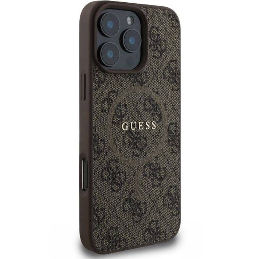 Handyhülle für iPhone 16 Pro Max, Guess Hardcase 4G Ring Classic Logo MagSafe, Braun