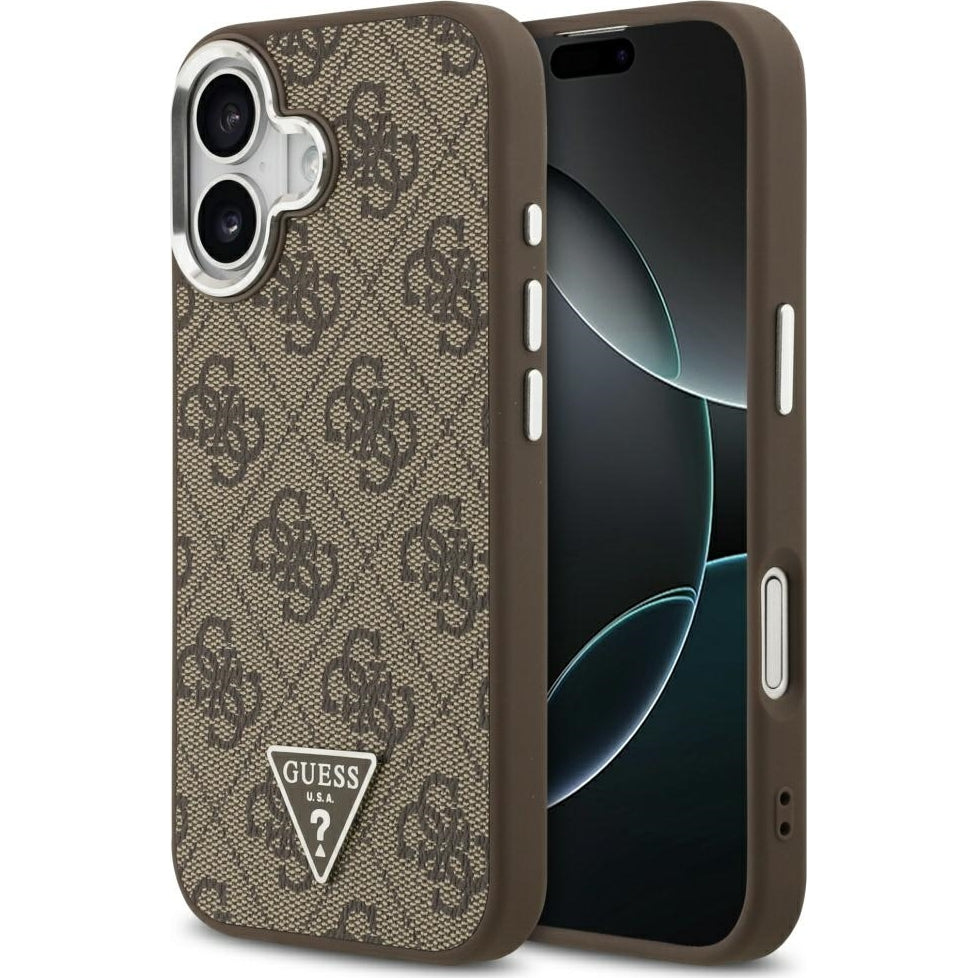 Handyhülle für iPhone 17, Guess HardCase Leather 4G Triangle Strass, Braun