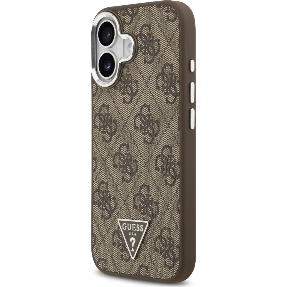 Handyhülle für iPhone 17, Guess HardCase Leather 4G Triangle Strass, Braun