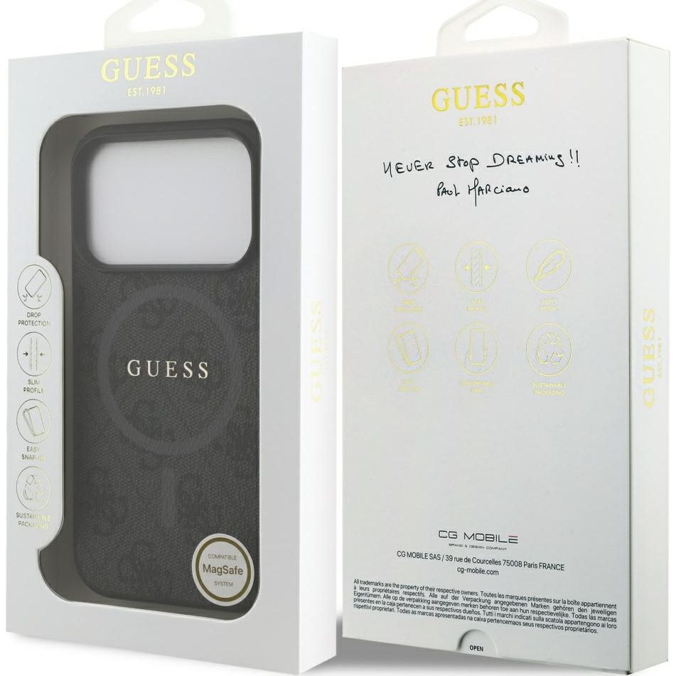 Handyhülle für iPhone 17 Pro, Guess Hardcase 4G Ring Classic Logo mit MagSafe, Schwarz
