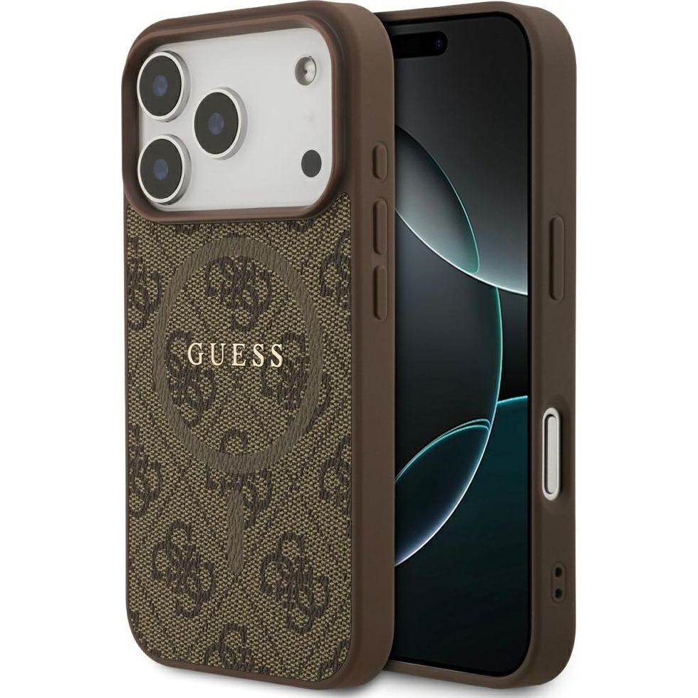 Handyhülle für iPhone 18 Pro / 17 Pro, Guess Hardcase 4G Ring Classic Logo mit MagSafe, Braun
