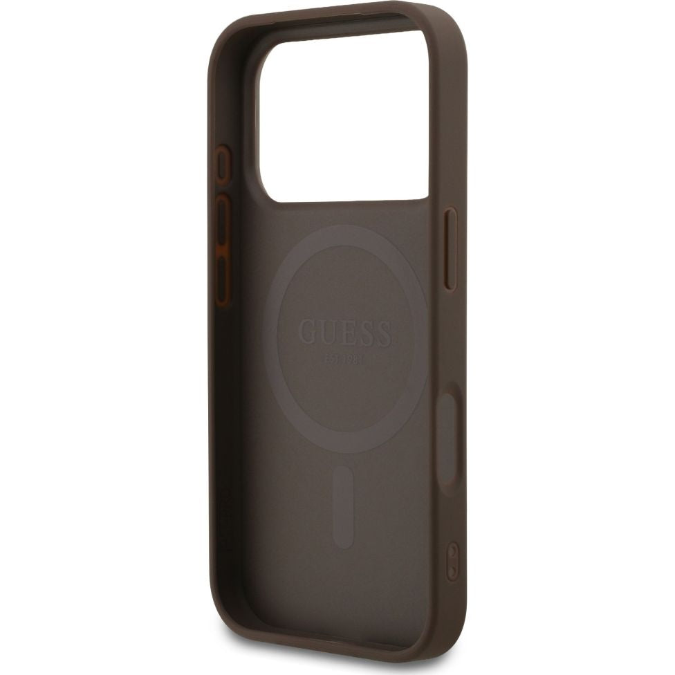 Handyhülle für iPhone 18 Pro / 17 Pro, Guess Hardcase 4G Ring Classic Logo mit MagSafe, Braun