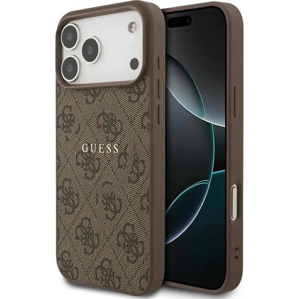 Handyhülle für iPhone 17 Pro Max, Guess Hardcase 4G Ring Classic Logo mit MagSafe, Braun