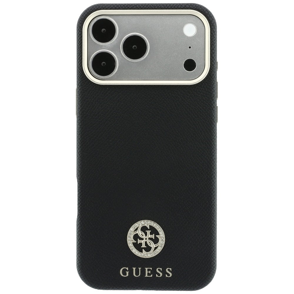 Handyhülle für iPhone 18 Pro Max / 17 Pro Max, Guess Grained Round Strass Logo mit MagSafe, Schwarz
