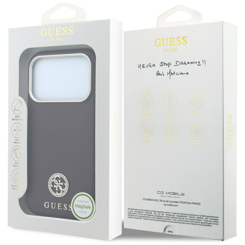 Handyhülle für iPhone 18 Pro Max / 17 Pro Max, Guess Grained Round Strass Logo mit MagSafe, Burgunderrot