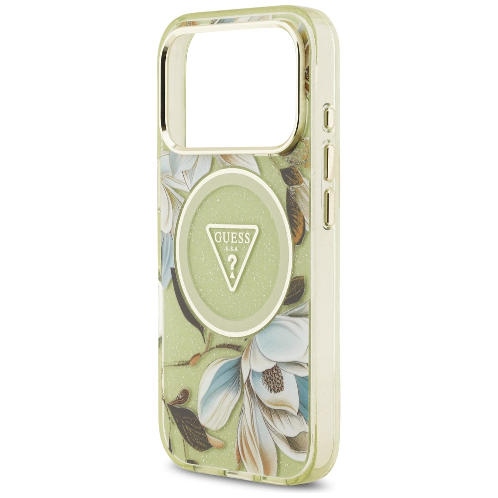 Handyhülle Guess IML Glitter Flowers Triangle für iPhone 18 Pro / 17 Pro mit MagSafe, Grün