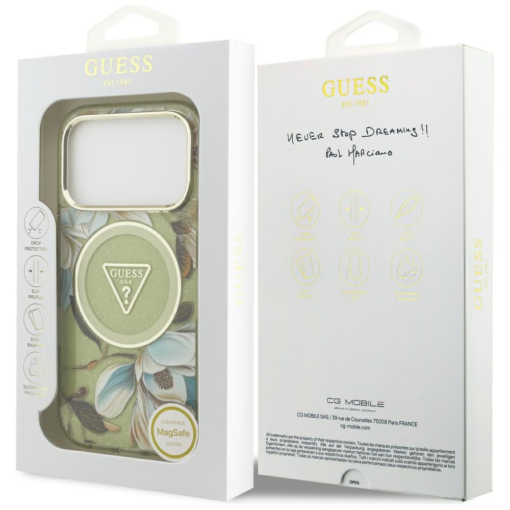 Handyhülle Guess IML Glitter Flowers Triangle für iPhone 18 Pro / 17 Pro mit MagSafe, Grün