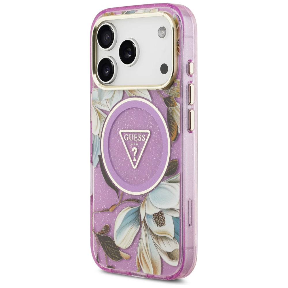 Handyhülle Guess IML Glitter Flowers Triangle für iPhone 18 Pro / 17 Pro mit MagSafe, Violett