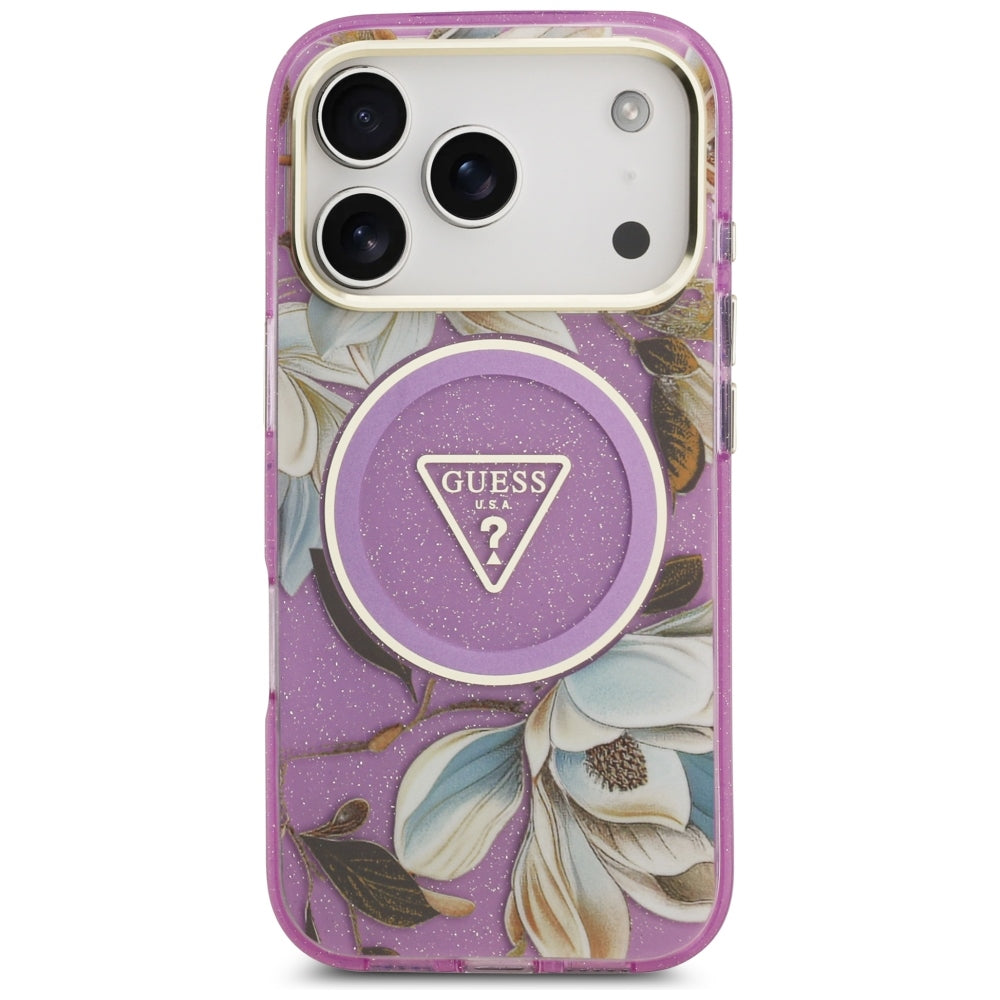 Handyhülle Guess IML Glitter Flowers Triangle für iPhone 18 Pro / 17 Pro mit MagSafe, Violett
