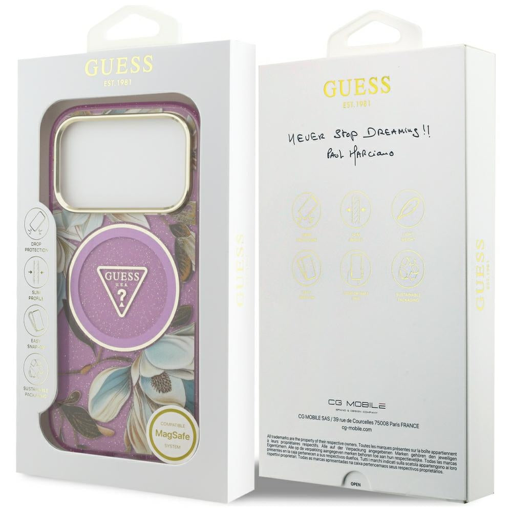 Handyhülle Guess IML Glitter Flowers Triangle für iPhone 18 Pro / 17 Pro mit MagSafe, Violett
