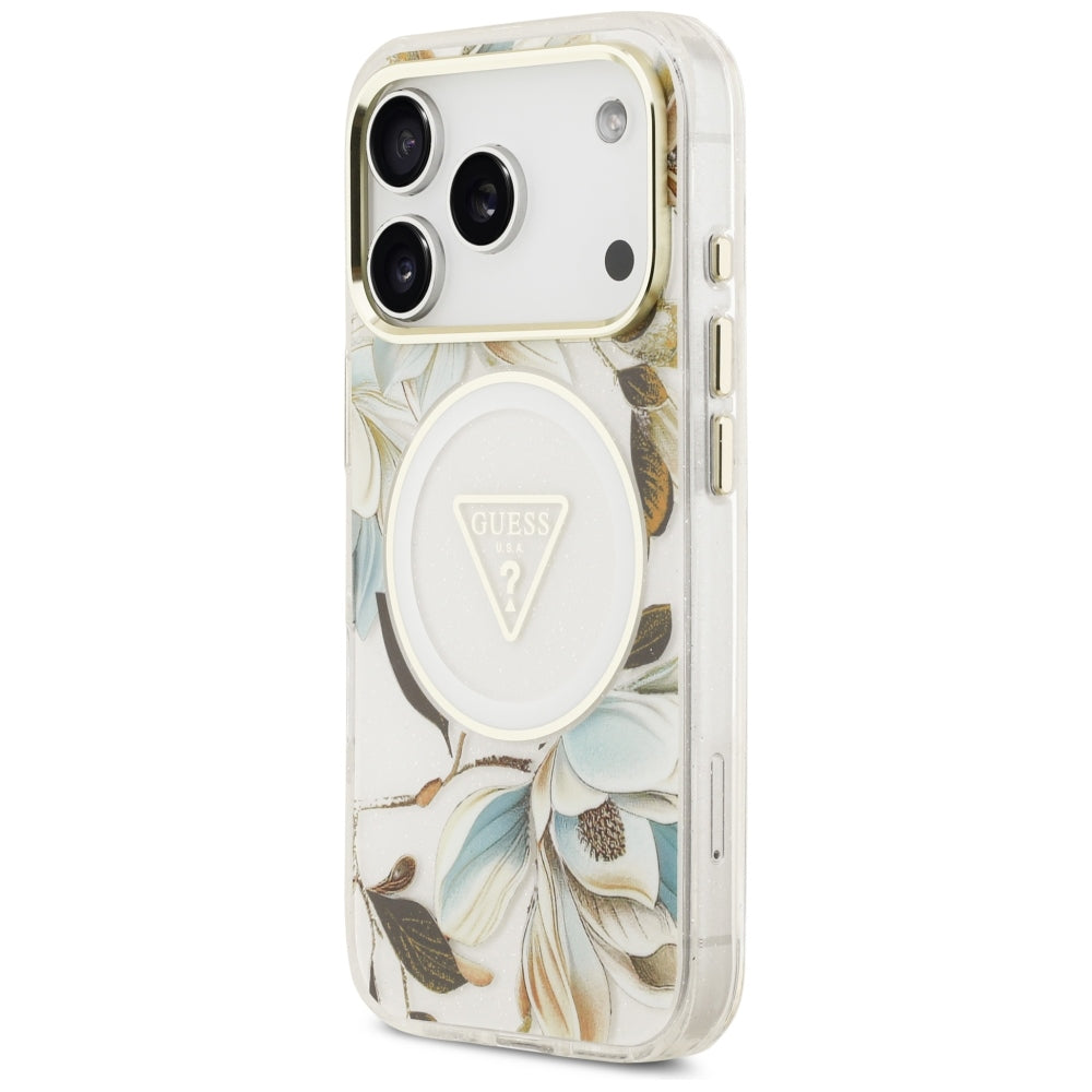 Handyhülle Guess IML Glitter Flowers Triangle für iPhone 18 Pro / 17 Pro mit MagSafe, Weiß