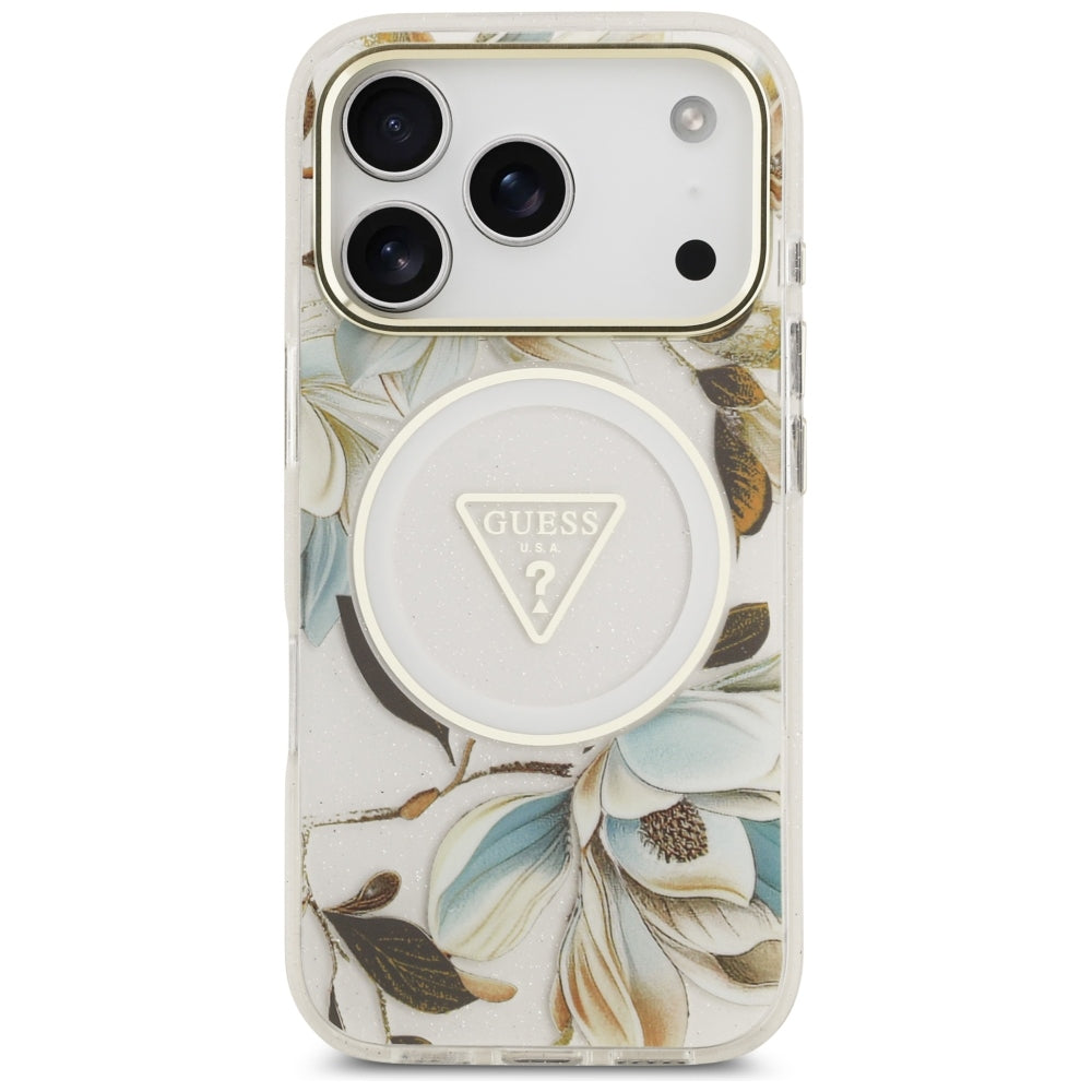 Handyhülle Guess IML Glitter Flowers Triangle für iPhone 18 Pro / 17 Pro mit MagSafe, Weiß