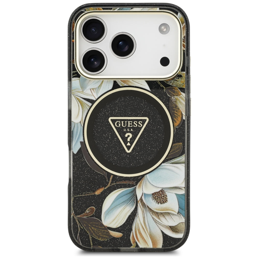 Handyhülle Guess IML Glitter Flowers Triangle für iPhone 18 Pro / 17 Pro mit MagSafe, Schwarz