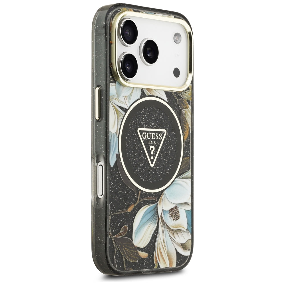 Handyhülle Guess IML Glitter Flowers Triangle für iPhone 18 Pro / 17 Pro mit MagSafe, Schwarz