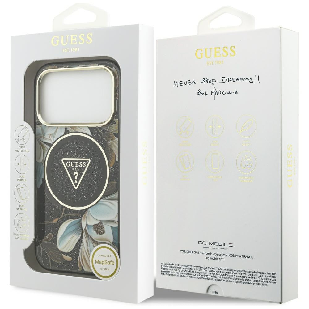 Handyhülle Guess IML Glitter Flowers Triangle für iPhone 18 Pro / 17 Pro mit MagSafe, Schwarz