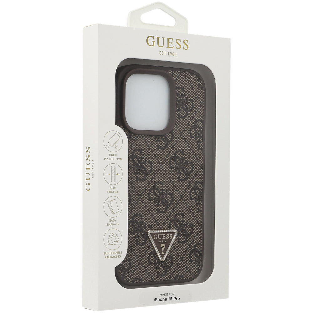 Handyhülle für iPhone 16 Pro, Guess HardCase Leather 4G Triangle Strass, Braun