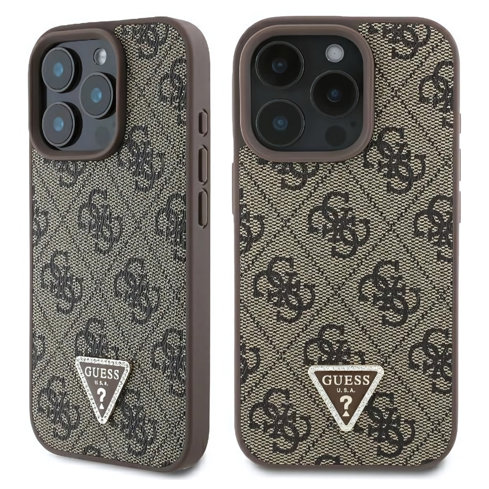 Handyhülle für iPhone 16 Pro, Guess HardCase Leather 4G Triangle Strass, Braun