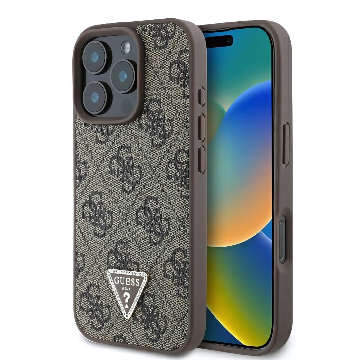 Handyhülle für iPhone 16 Pro, Guess HardCase Leather 4G Triangle Strass, Braun