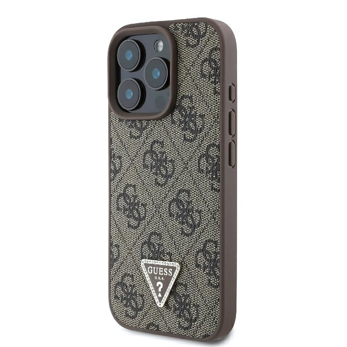 Handyhülle für iPhone 16 Pro, Guess HardCase Leather 4G Triangle Strass, Braun