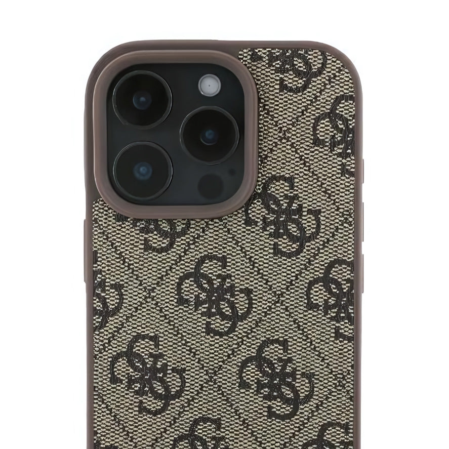 Handyhülle für iPhone 16 Pro, Guess HardCase Leather 4G Triangle Strass, Braun
