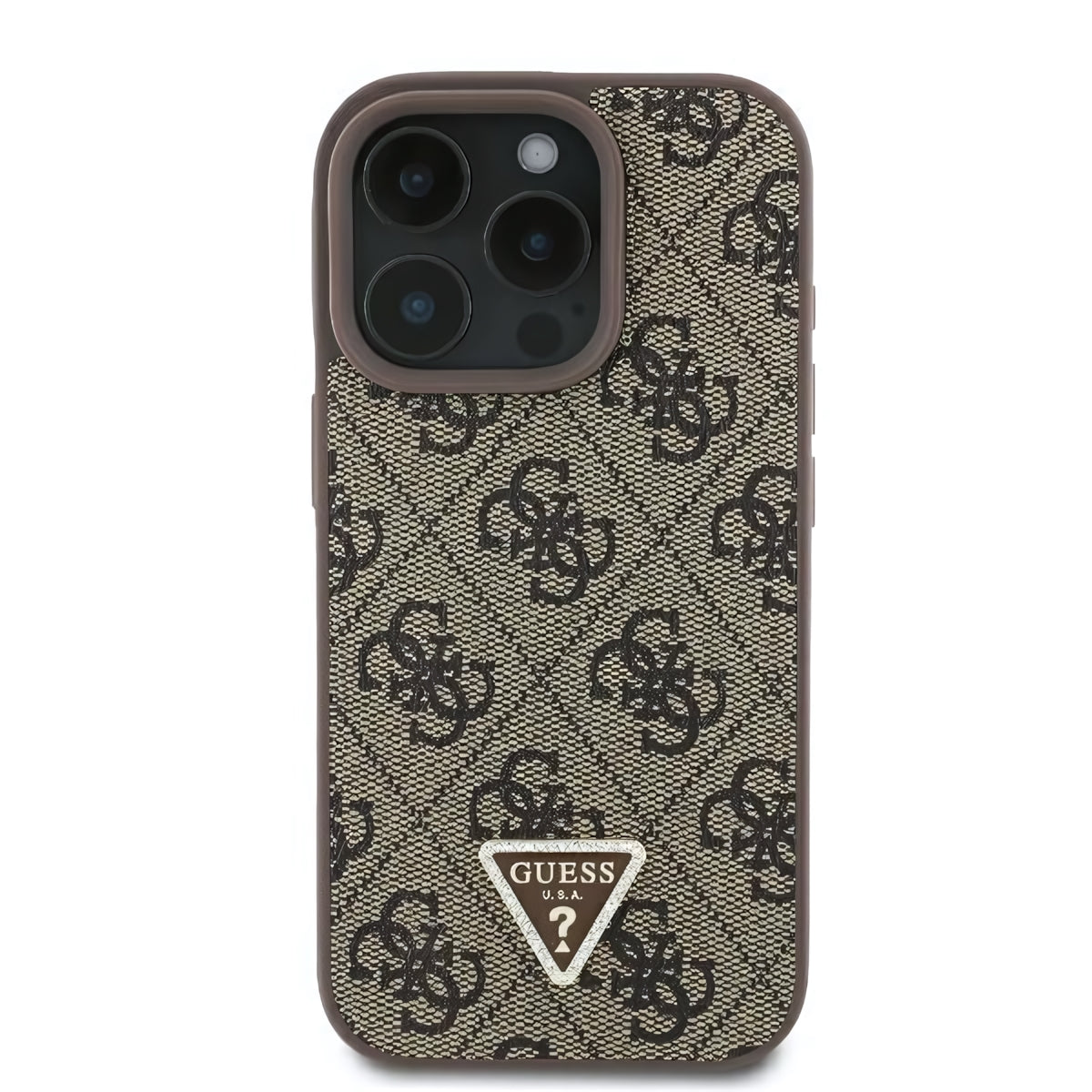 Handyhülle für iPhone 16 Pro, Guess HardCase Leather 4G Triangle Strass, Braun