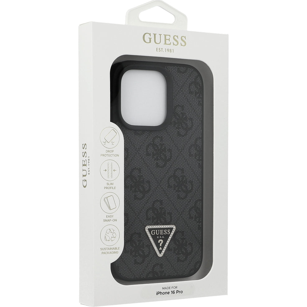 Handyhülle für iPhone 16 Pro, Guess HardCase Leather 4G Triangle Strass, Schwarz