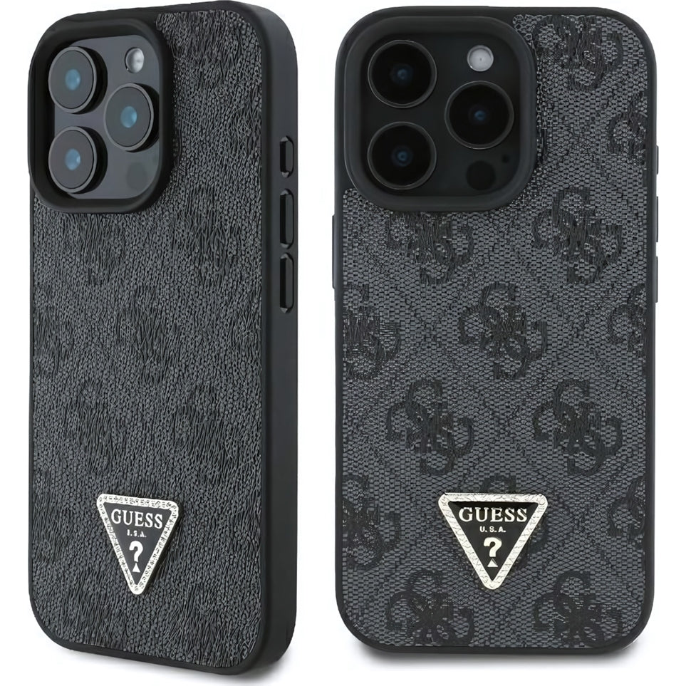 Handyhülle für iPhone 16 Pro, Guess HardCase Leather 4G Triangle Strass, Schwarz