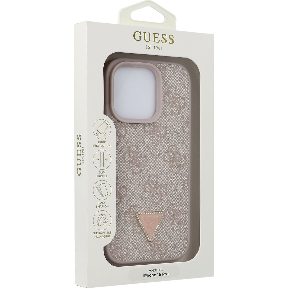 Handyhülle für iPhone 16 Pro, Guess HardCase Leather 4G Triangle Strass, Rosa