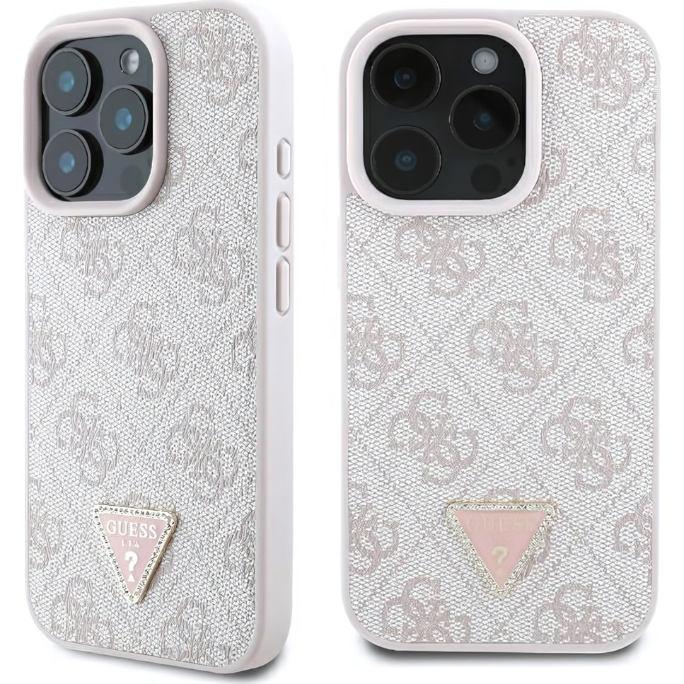 Handyhülle für iPhone 16 Pro, Guess HardCase Leather 4G Triangle Strass, Rosa