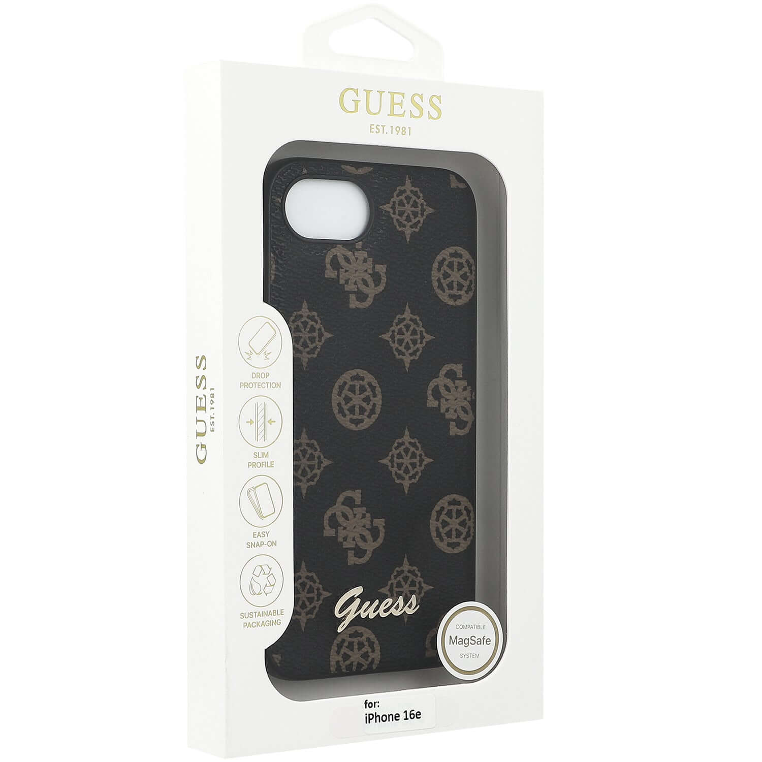 Handyhülle für iPhone 17e / 16e, Guess Peony Script Logo MagSafe, Schwarz