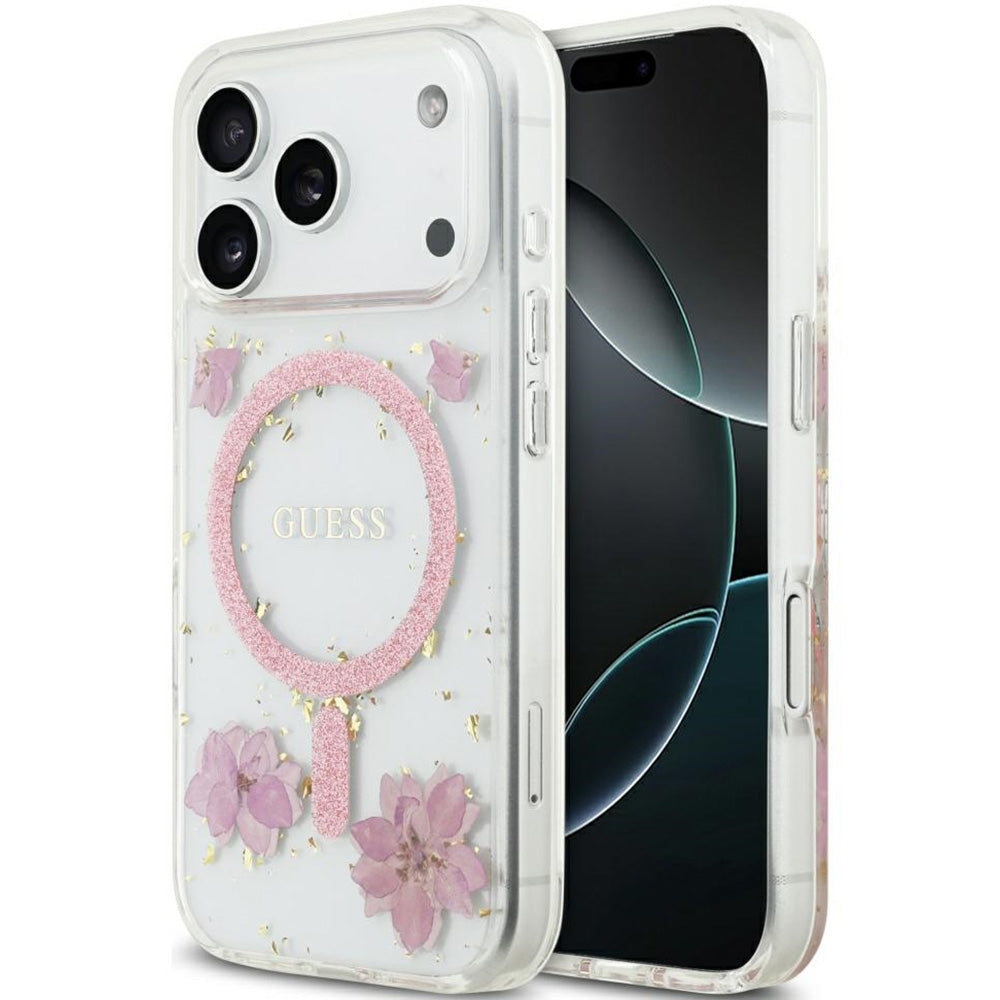 Handyhülle für iPhone 18 Pro / 17 Pro, Guess Resin Flowers Glitter mit MagSafe, Rosa mit floralem Muster