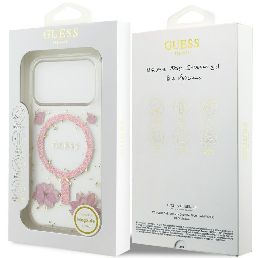 Handyhülle für iPhone 18 Pro / 17 Pro, Guess Resin Flowers Glitter mit MagSafe, Rosa mit floralem Muster