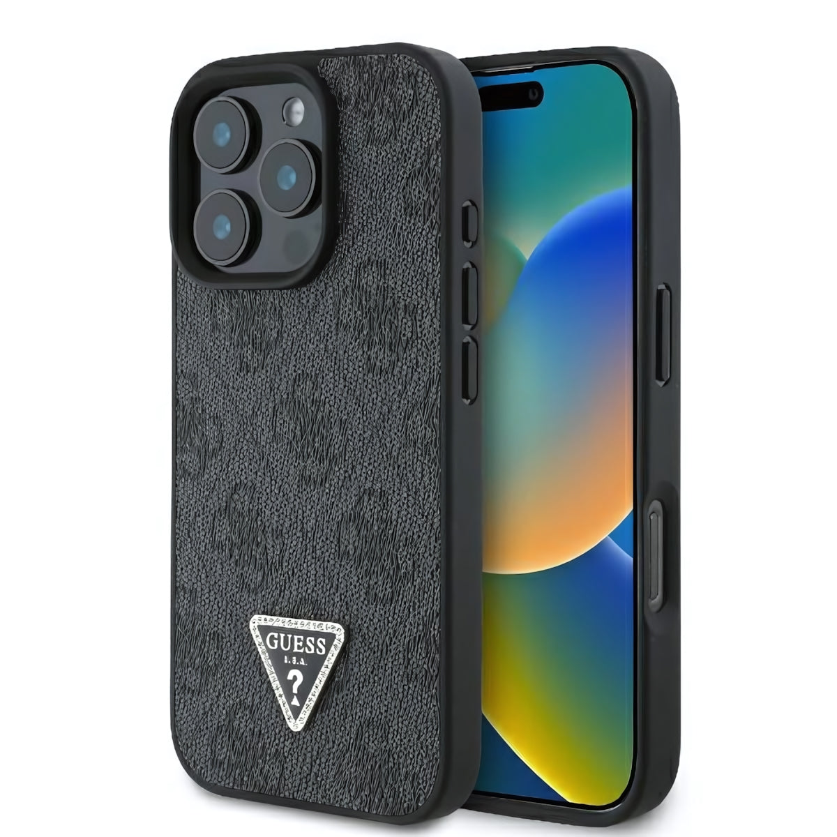 Handyhülle für iPhone 16 Pro Max, Guess HardCase Leather 4G Triangle Strass, Schwarz