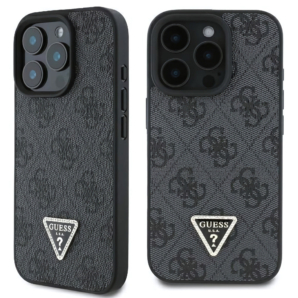 Handyhülle für iPhone 16 Pro Max, Guess HardCase Leather 4G Triangle Strass, Schwarz