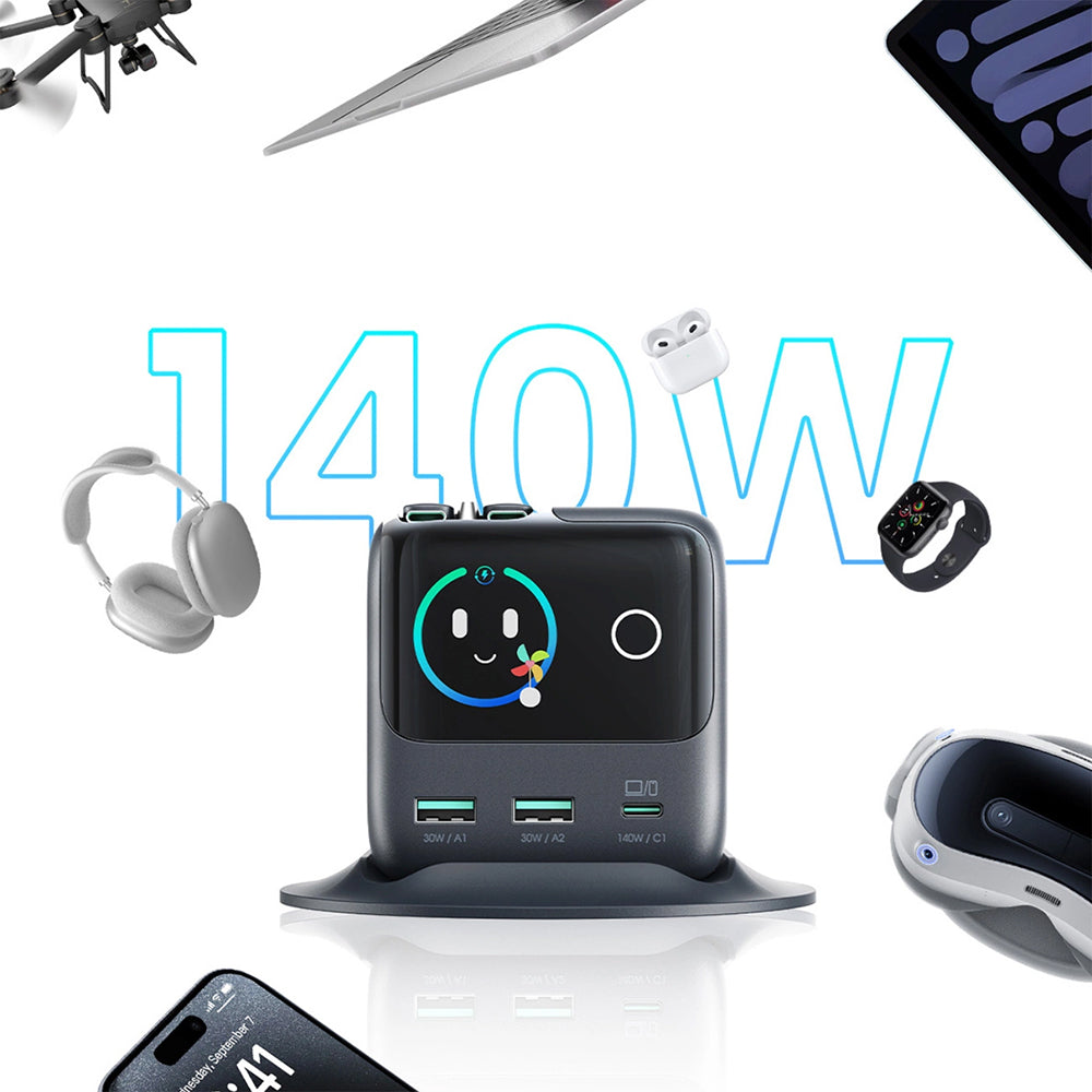 Ladestation GaN mit 140W, 3x USB-C PD 3.1 und 2x USB-A QC 3.0, JoyRoom Podix JR-TRD01, mit LCD-Display, Grau