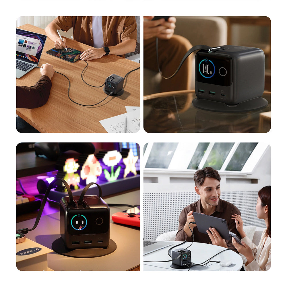 Ladestation GaN mit 140W, 3x USB-C PD 3.1 und 2x USB-A QC 3.0, JoyRoom Podix JR-TRD01, mit LCD-Display, Grau