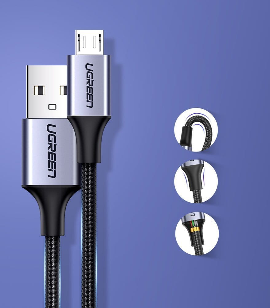 Kabel Ugreen USB - MicroUSB, 2m, 480 Mbps, Grau