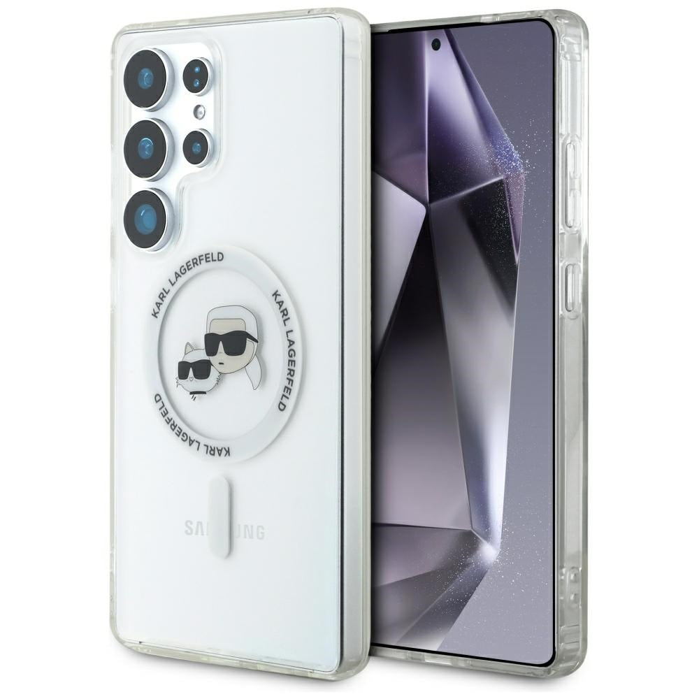 Handyhülle für Galaxy S25 Ultra, Karl Lagerfeld Button Karl&Choupette Heads mit MagSafe, Transluzent mit Weiß