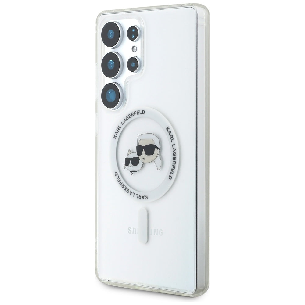 Handyhülle für Galaxy S25 Ultra, Karl Lagerfeld Button Karl&Choupette Heads mit MagSafe, Transluzent mit Weiß