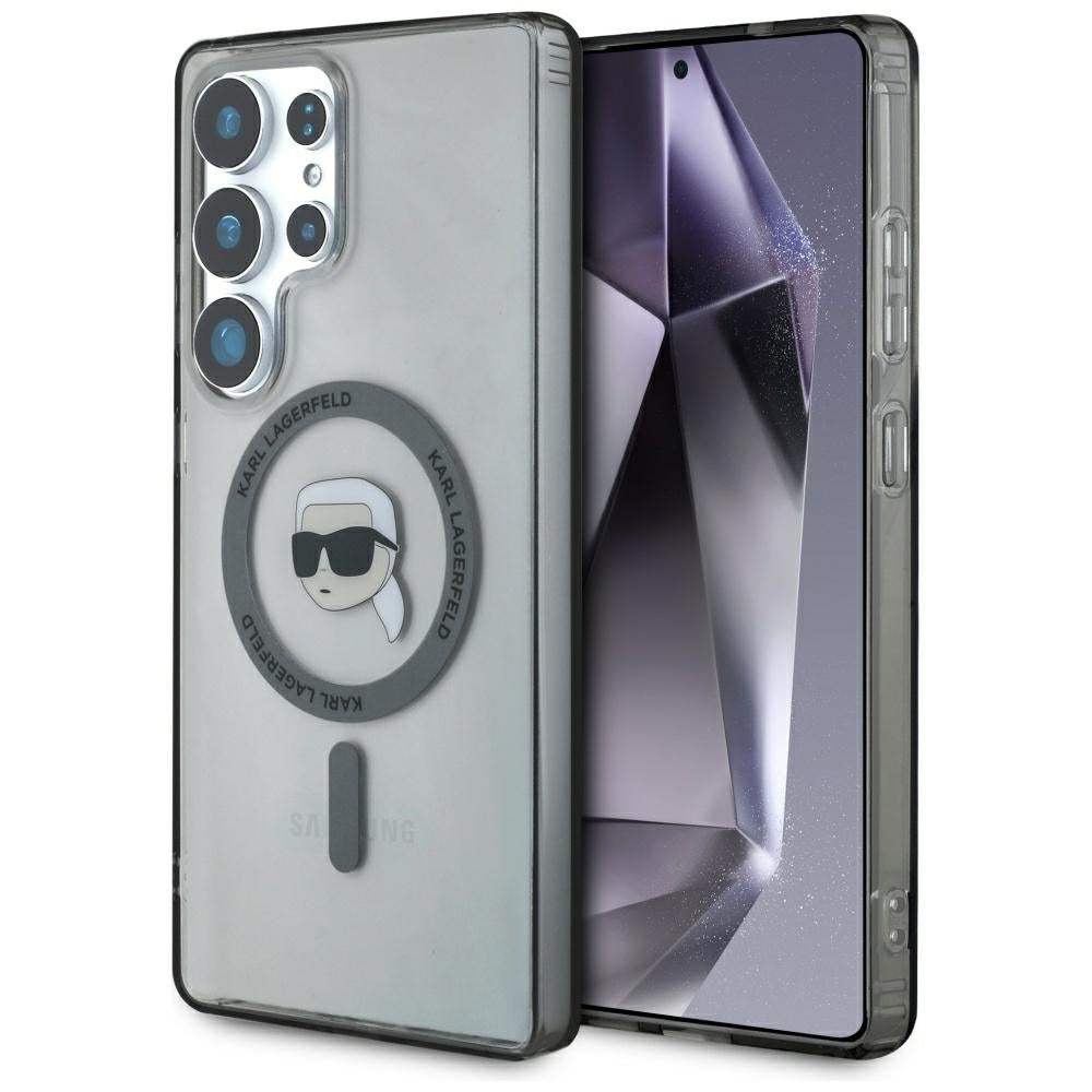 Handyhülle für Galaxy S25 Ultra, Karl Lagerfeld Button Karl Head Printed Logo mit MagSafe, Durchscheinend-Grau