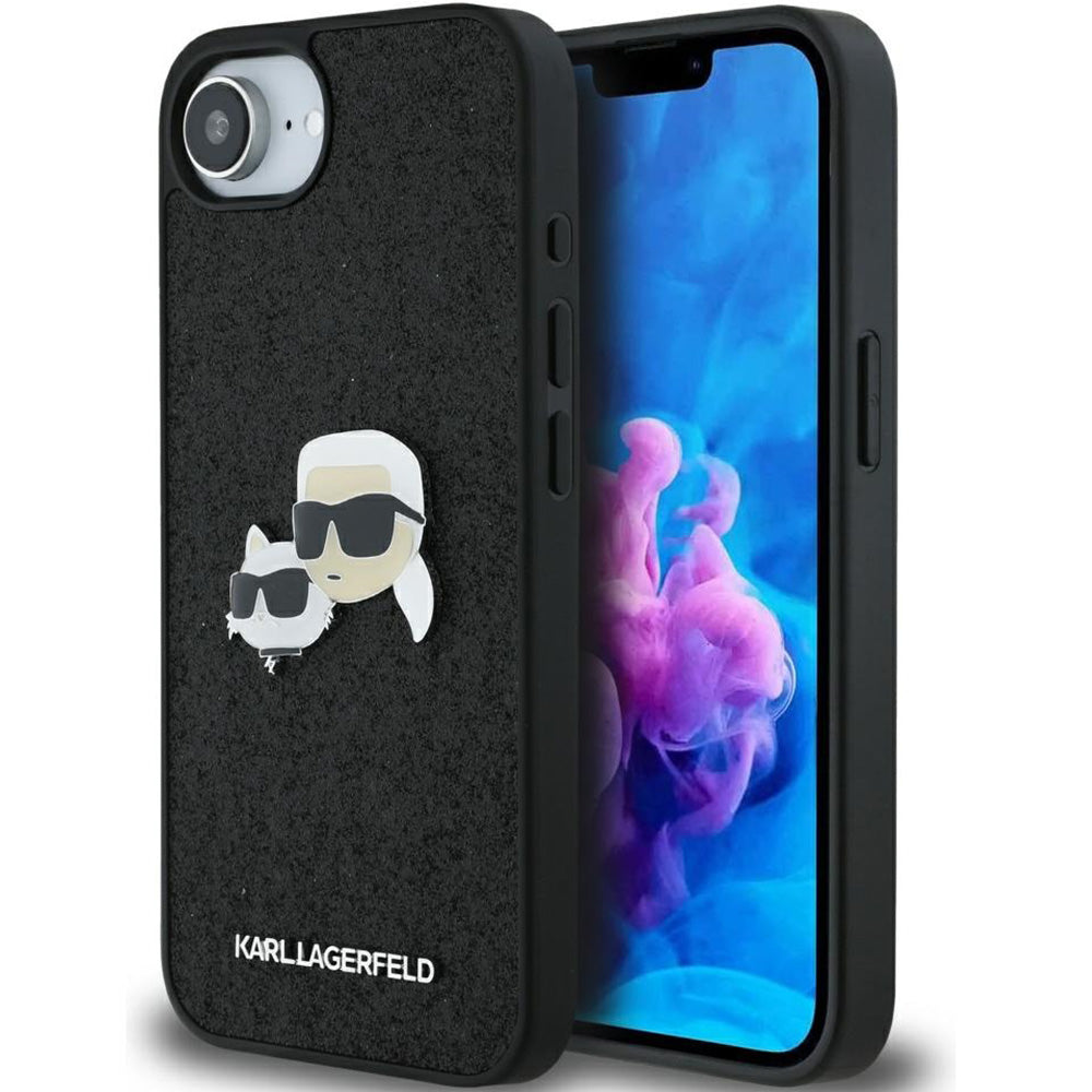 Handyhülle für iPhone 17e / 16e, Karl Lagerfeld Hardcase Fixed Glitter Karl and Choupette Heads Metal Pin, Schwarz