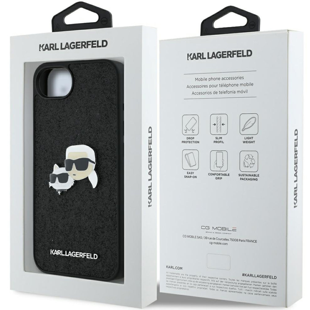 Handyhülle für iPhone 17e / 16e, Karl Lagerfeld Hardcase Fixed Glitter Karl and Choupette Heads Metal Pin, Schwarz