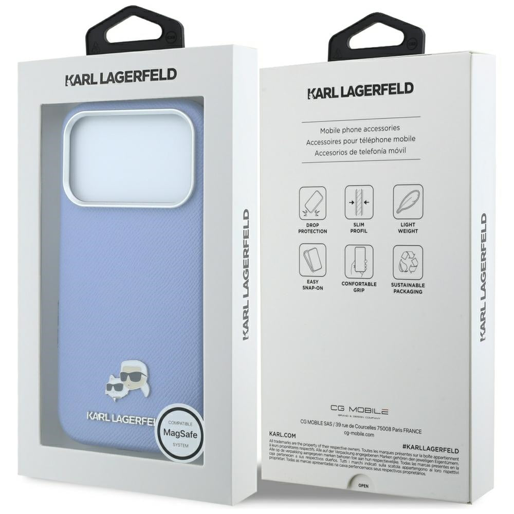 Handyhülle für iPhone 18 Pro Max / 17 Pro Max, Karl Lagerfeld HardCase Karl and Choupette Head Pin Saffiano mit MagSafe, Blau