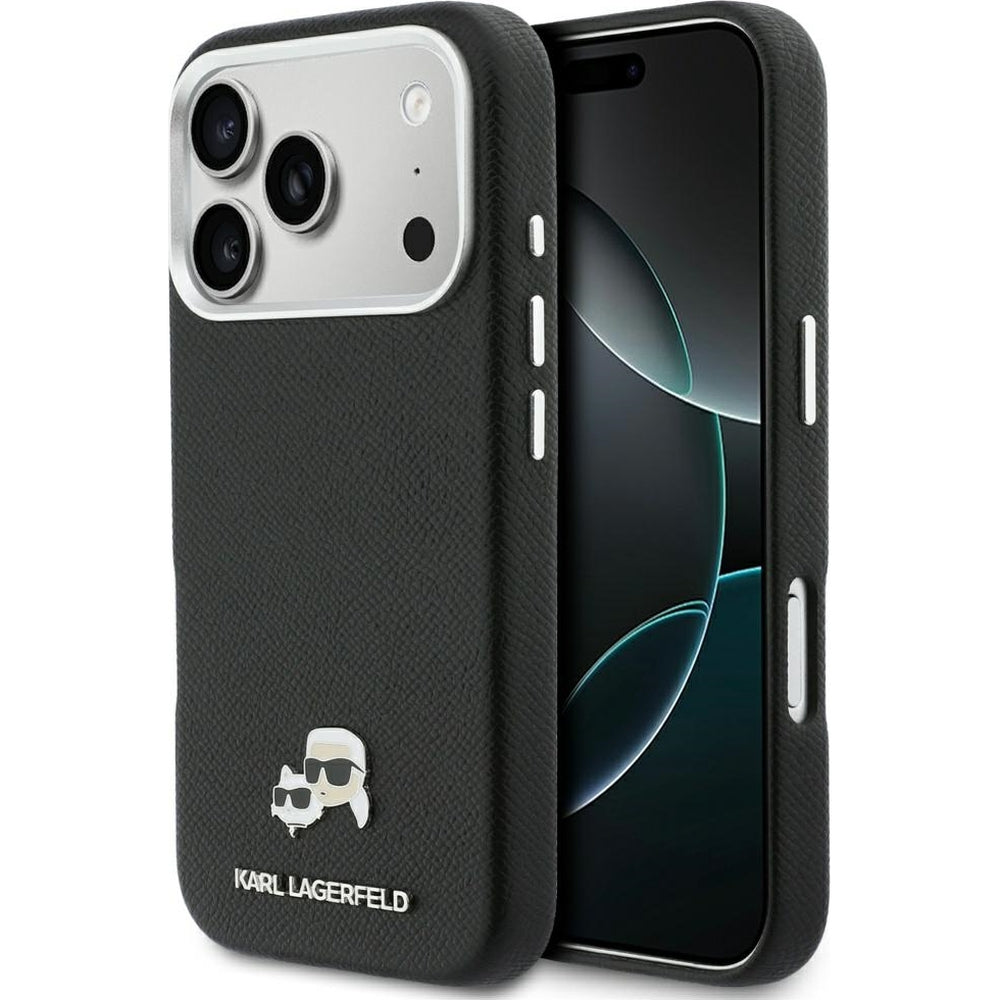Handyhülle für iPhone 18 Pro / 17 Pro, Karl Lagerfeld HardCase Karl and Choupette Head Pin Saffiano, Schwarz