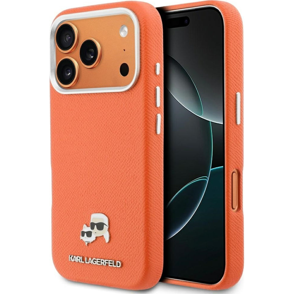 Handyhülle für iPhone 18 Pro Max / 17 Pro Max, Karl Lagerfeld HardCase Karl and Choupette Head Pin Saffiano, Orange