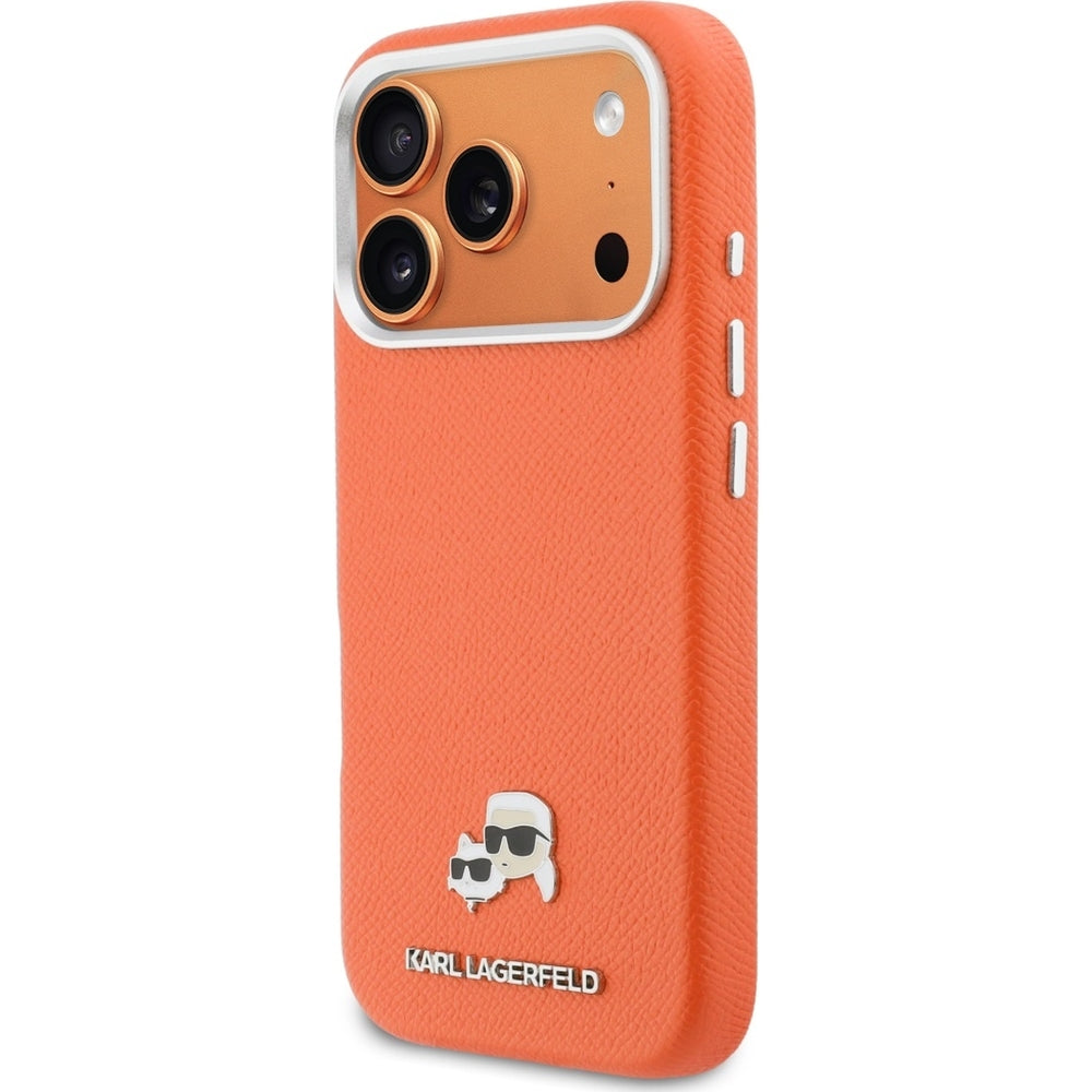 Handyhülle für iPhone 18 Pro Max / 17 Pro Max, Karl Lagerfeld HardCase Karl and Choupette Head Pin Saffiano, Orange