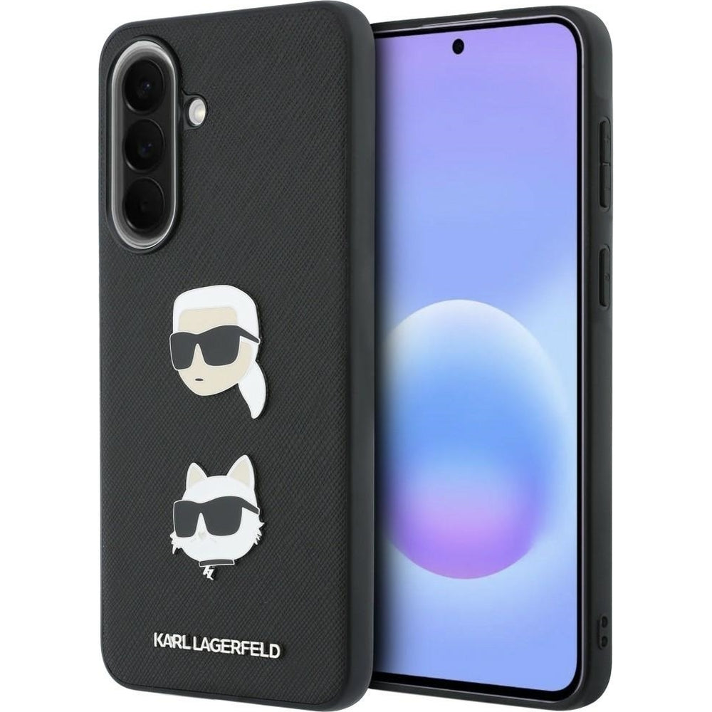 Handyhülle für Galaxy A37 5G, Karl Lagerfeld Saffiano Full Wrapped, Schwarz mit den Köpfen von Karl und Choupette