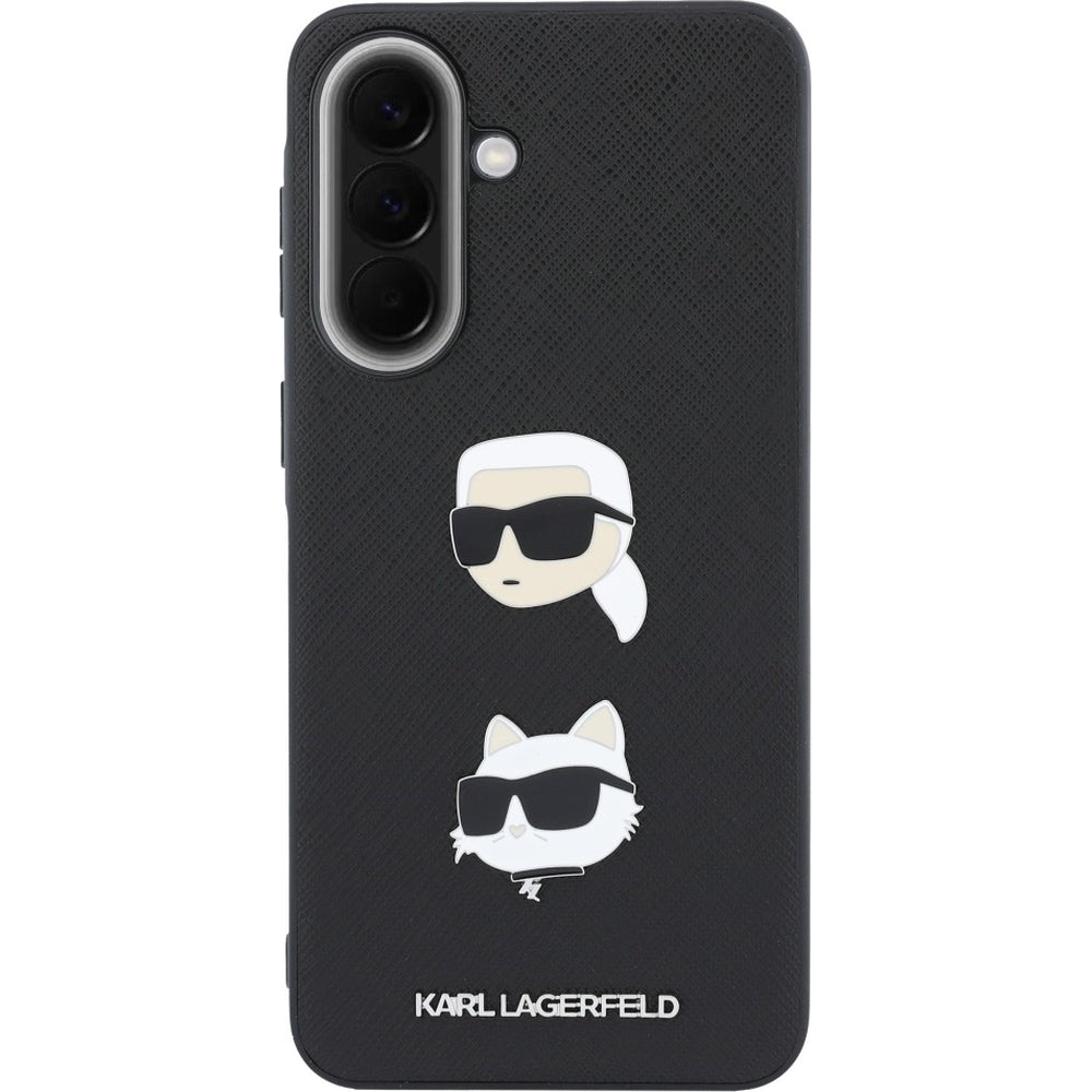 Handyhülle für Galaxy A37 5G, Karl Lagerfeld Saffiano Full Wrapped, Schwarz mit den Köpfen von Karl und Choupette