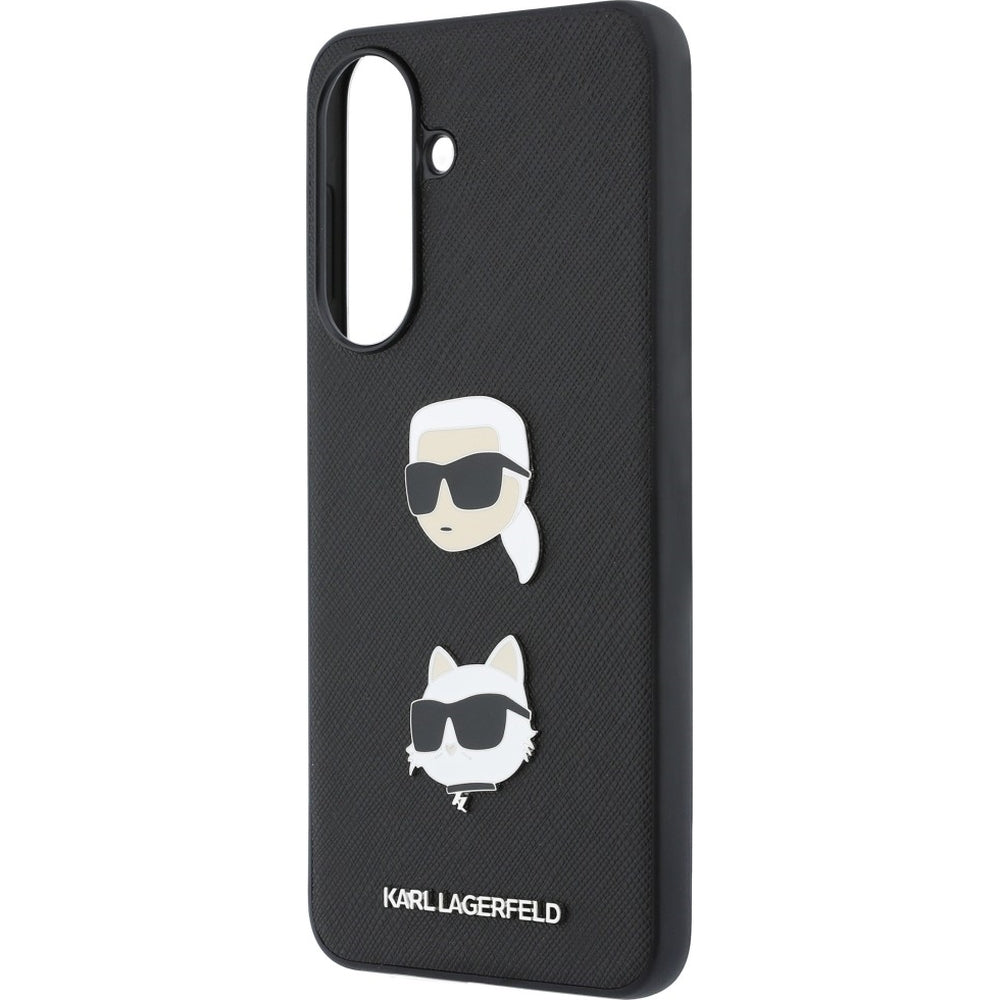 Handyhülle für Galaxy A57 5G, Karl Lagerfeld Saffiano Full Wrapped, Schwarz mit den Köpfen von Karl und Choupette