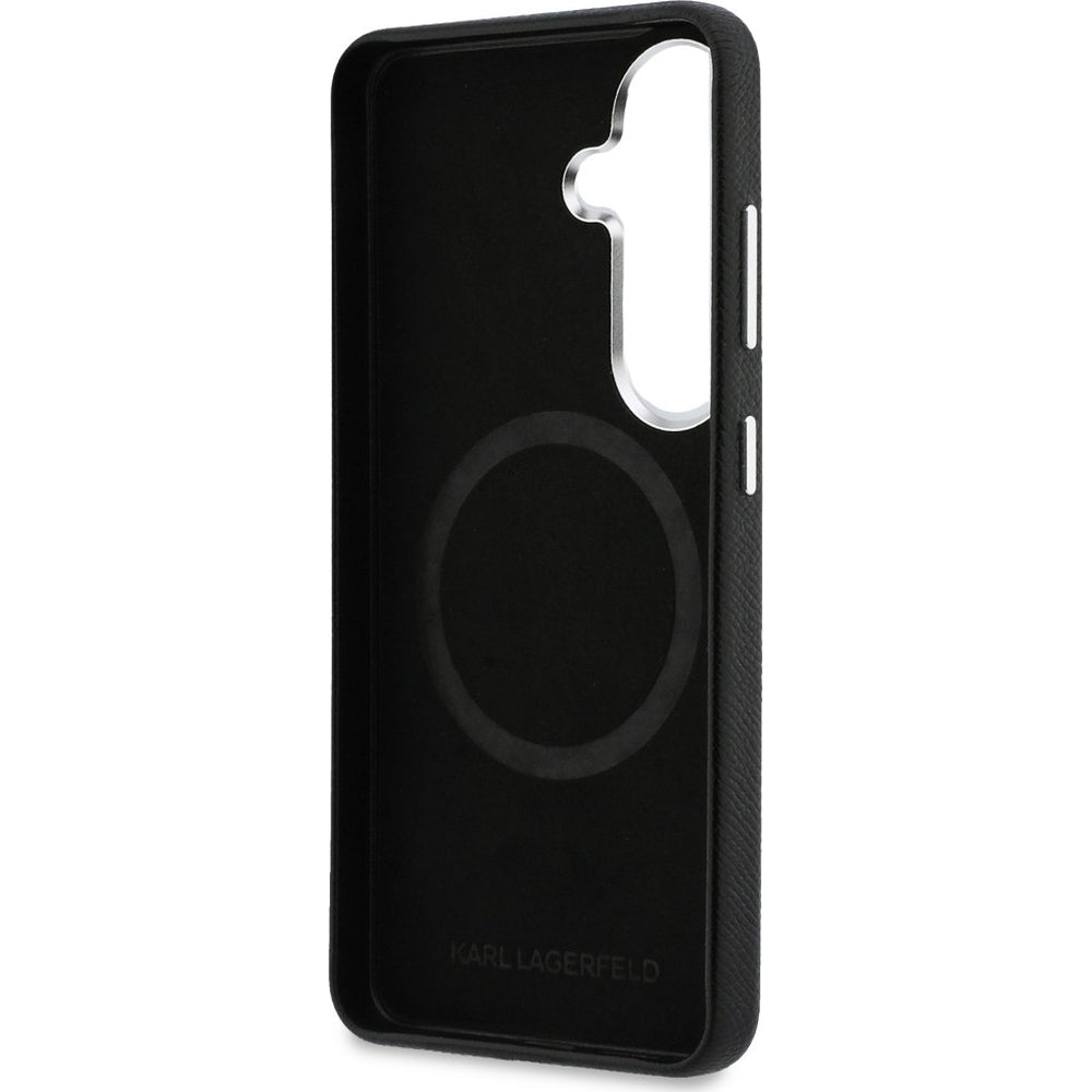 Handyhülle für Galaxy S26 Plus, Karl Lagerfeld Saffiano Full Wrapped MagSafe, Schwarze mit Karl Lagerfeld und seiner Katze Choupette